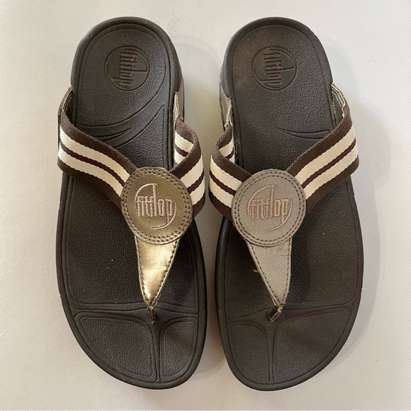 Fitflop Shoes - FitFlop Women's Brown and Cream Striped Thong Sandals